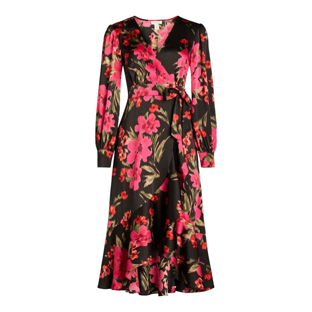 Sofia Vergara Bold Floral Dress XXXL (22) Faux Wrap Midi Silky Wedding Guest